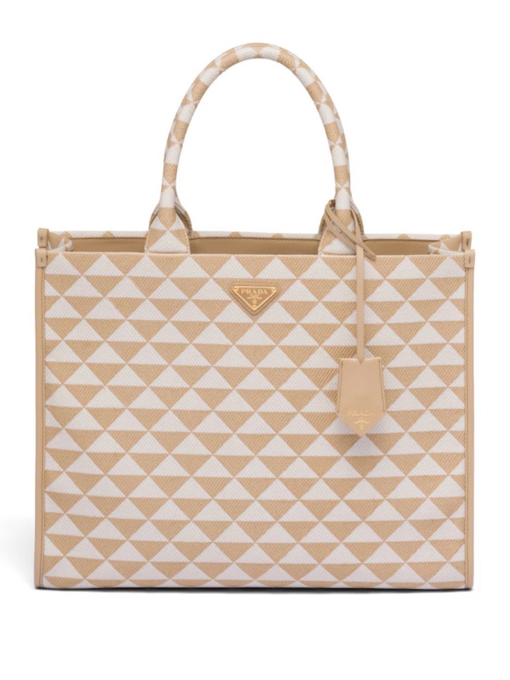 Prada Beige and White Triangle-Pattern Canvas Tote